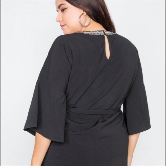 (1X,2X,3X) Beaded Detailed Neckline Mini Black Dress - Picture 3 of 3